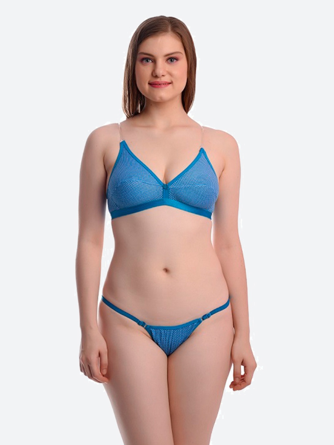 

Fleurt Turquoise Blue Self-Design Cotton Lingerie Set