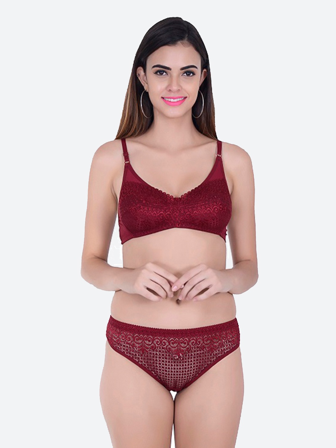 

Fleurt Maroon Self-Designed Laced Lingerie Set