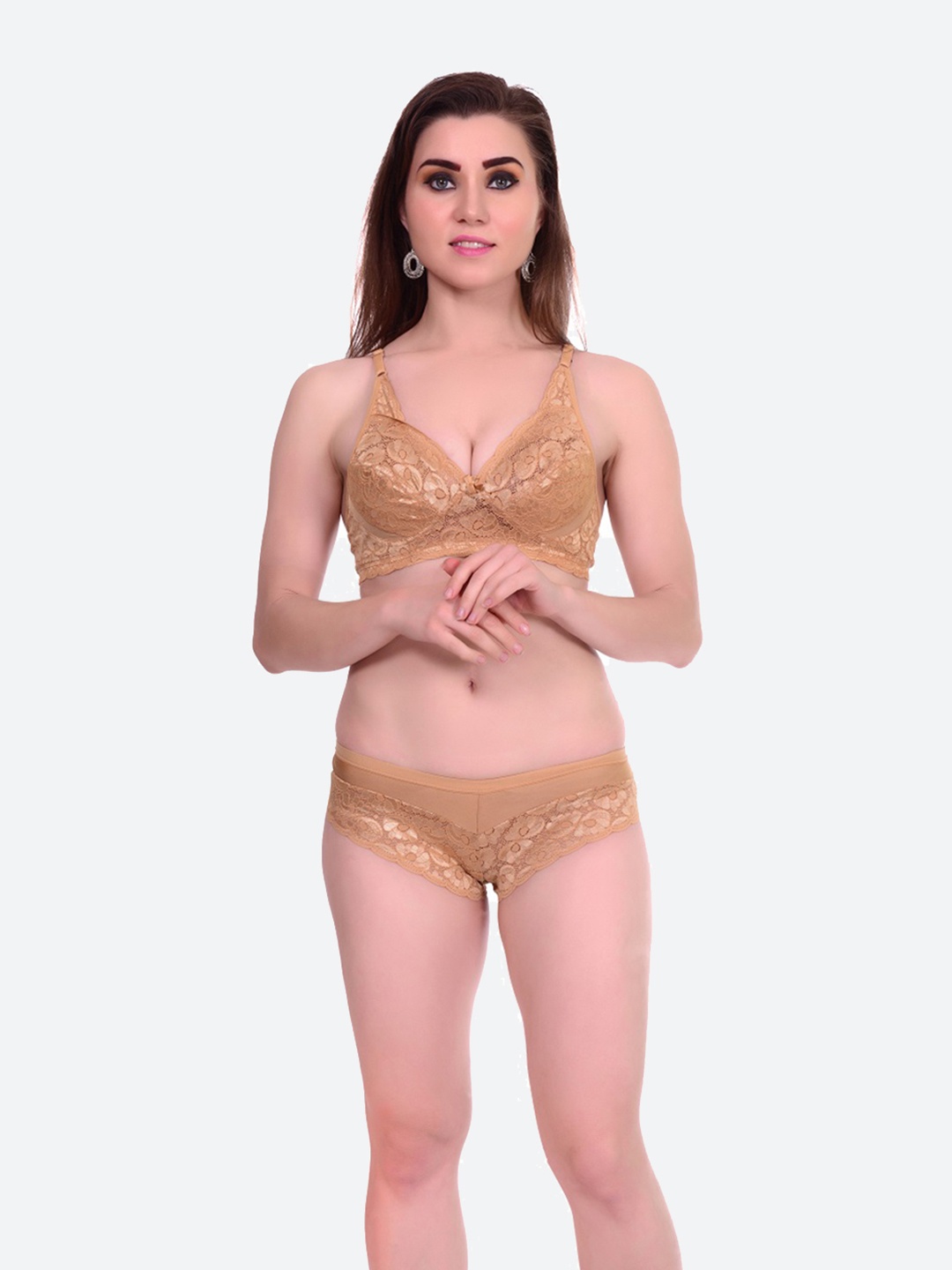 

Fleurt Cream-Coloured Self-Design Lingerie Set