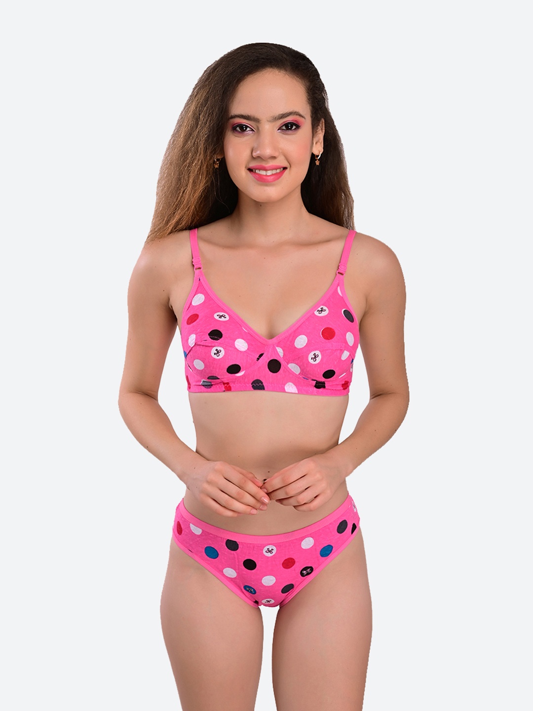 

Fleurt Pink & White Polka Dot Printed Cotton Lingerie Set