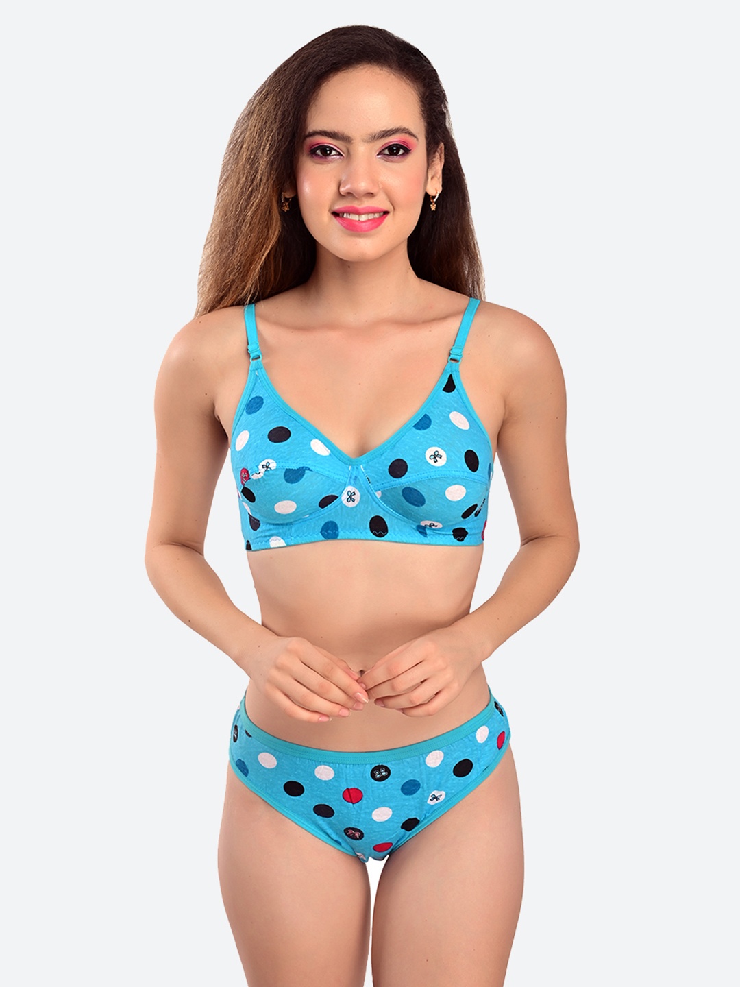 

Fleurt Turquoise Blue Self-Design Lingerie Set