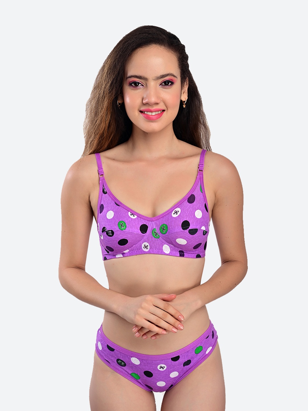 

Fleurt Purple & White Printed Cotton Lingerie Set