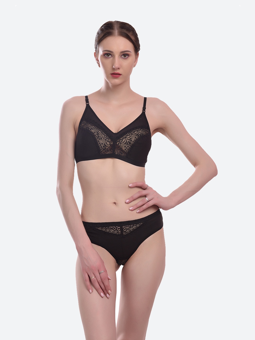 

Fleurt Black Self-Design Lingerie Set