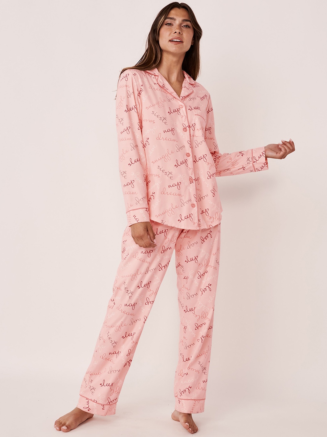 

La Vie en Rose Women Pink & Maroon Printed Night suit
