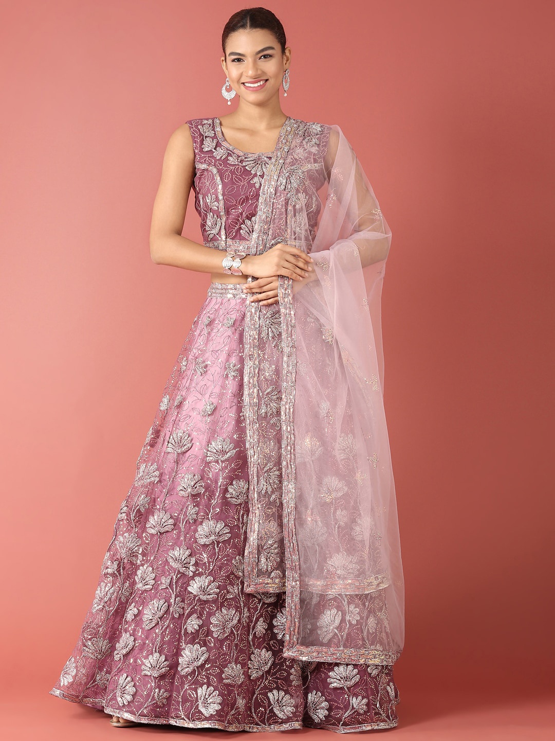 

panchhi Rose Gold & Silver-Toned Embellished Semi-Stitched Lehenga Set