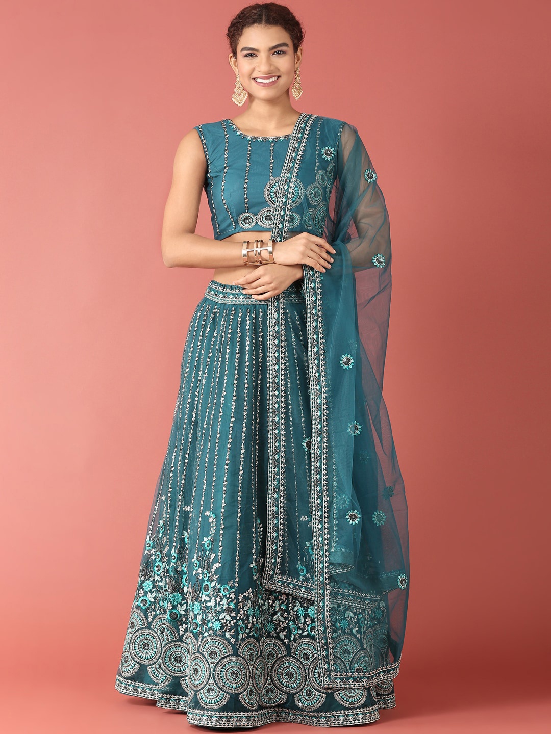 

panchhi Teal Embroidered Sequinned Semi-Stitched Lehenga & Unstitched Blouse With Dupatta