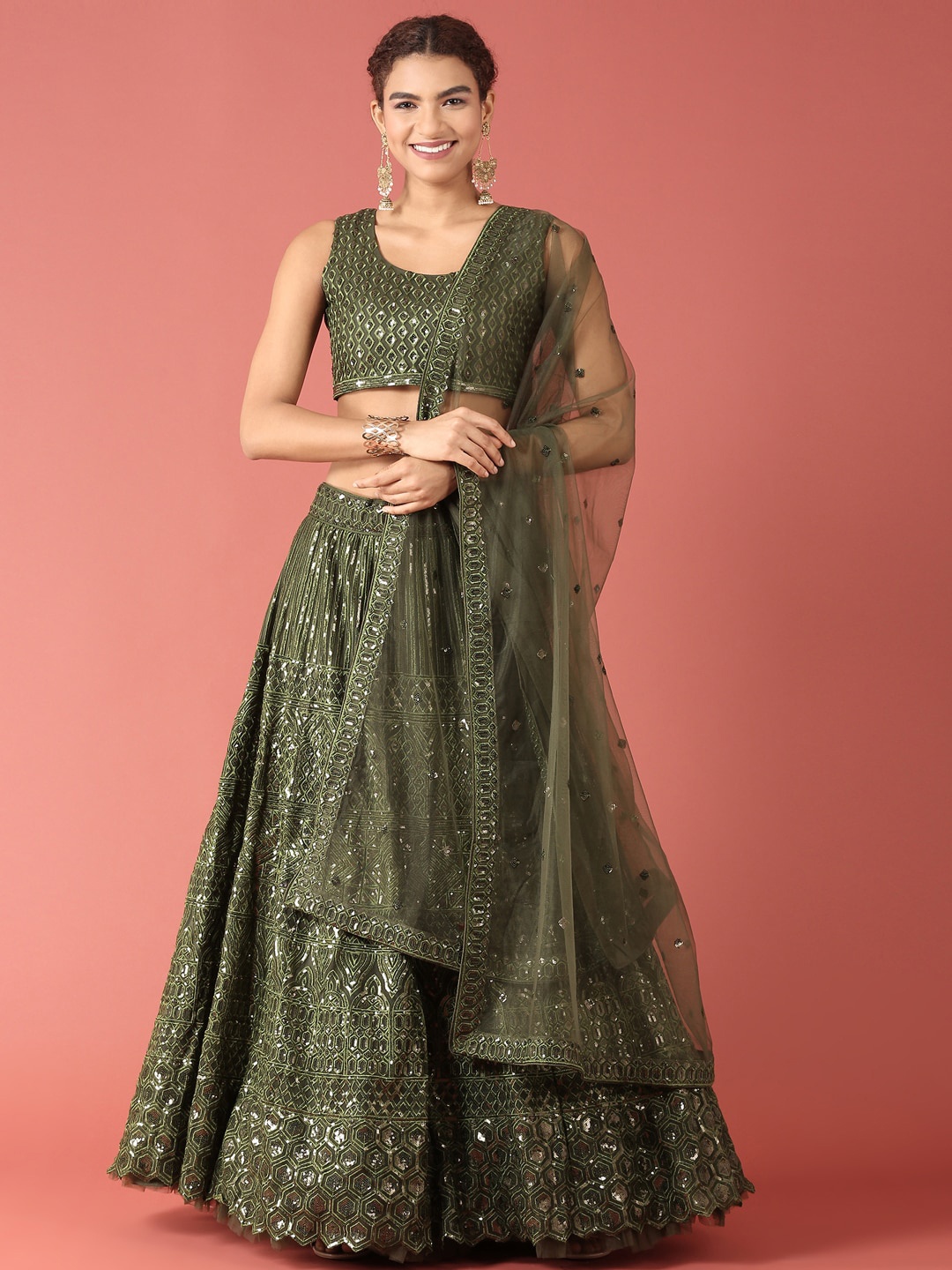 

panchhi Olive Green & Gold-Toned Embellished Sequinned Semi-Stitched Lehenga Set