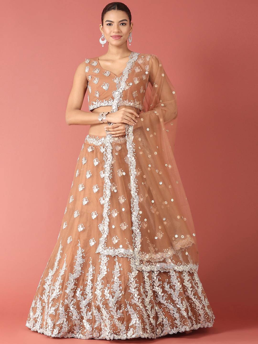 

panchhi Rust & Silver-Toned Embellished Sequinned Semi-Stitched Lehenga Set