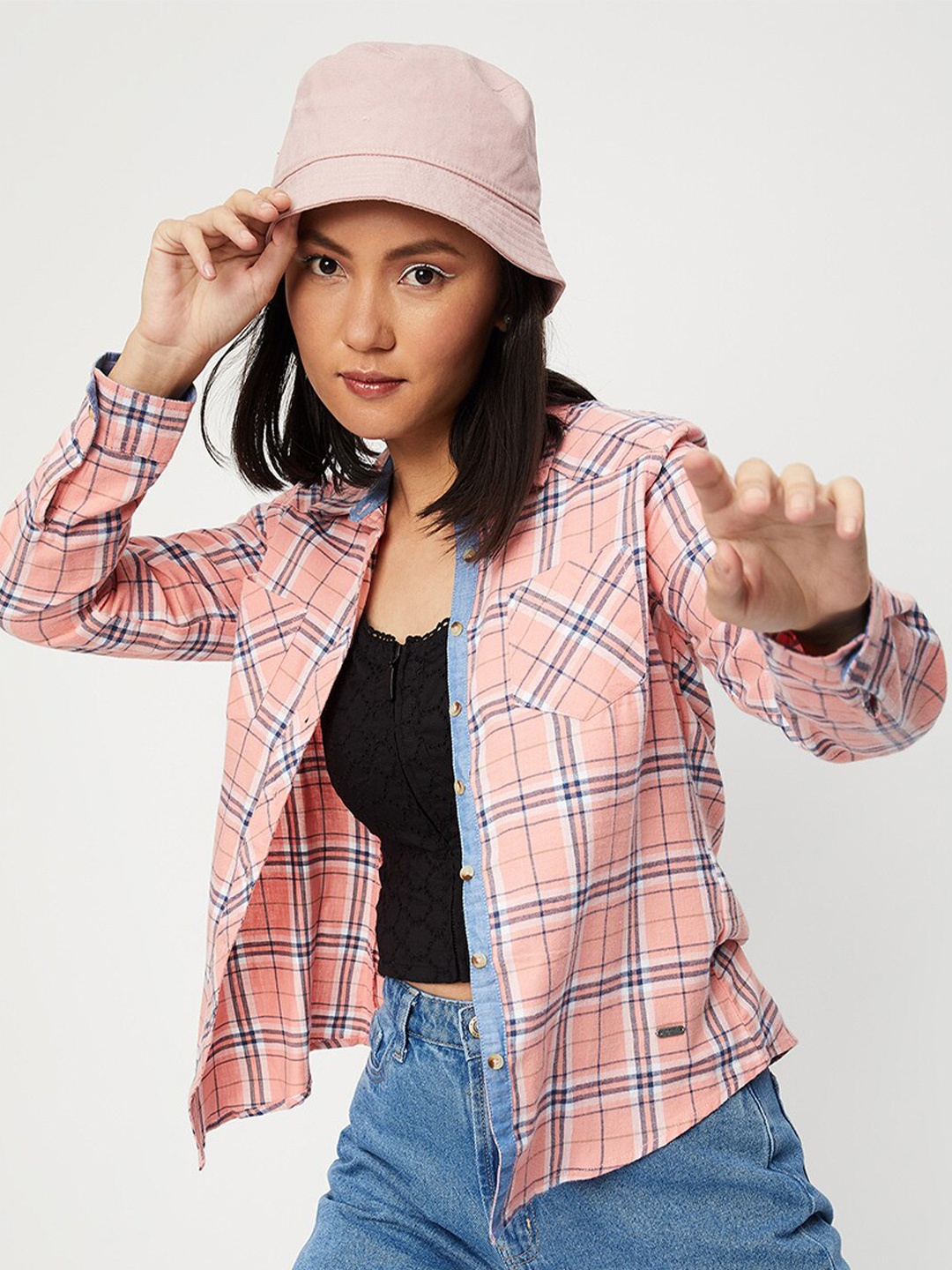 

max Women Tartan Checks Pure Cotton Casual Shirt, Peach