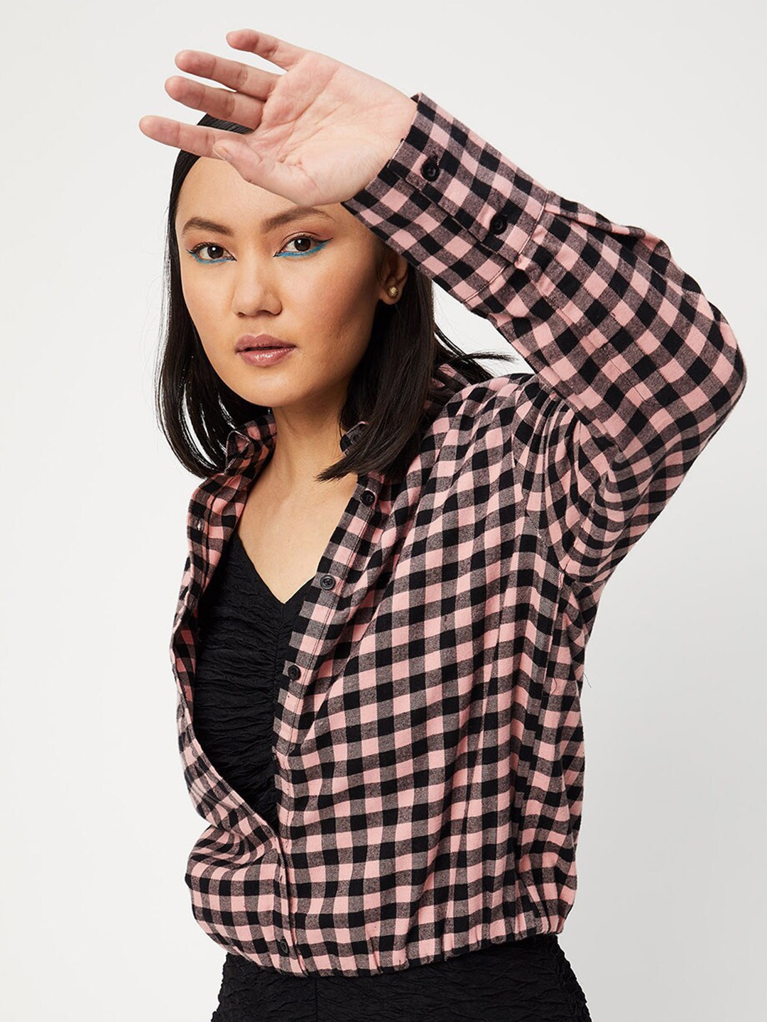 

max Women Pink & Black Checked Crop Casual Shirt