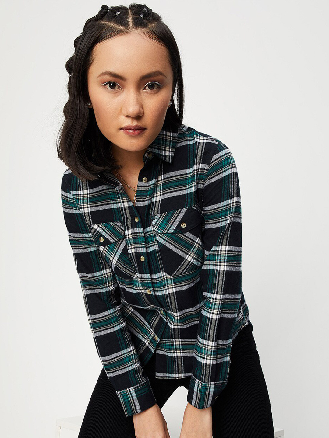 

max Women Printed Casual Pure Cotton Shirt, Black