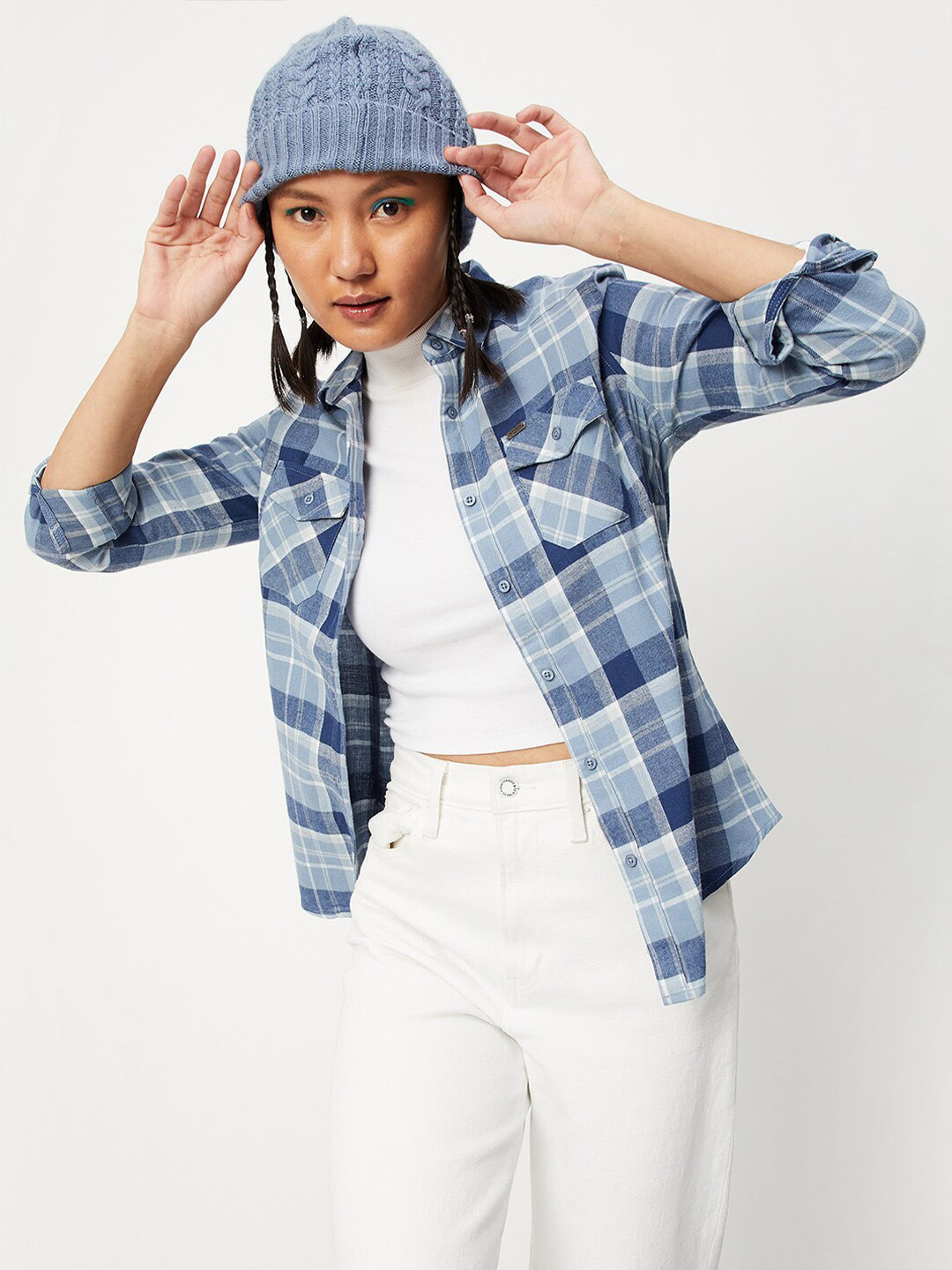 

max Women Tartan Checks Pure Cotton Casual Shirt, Blue