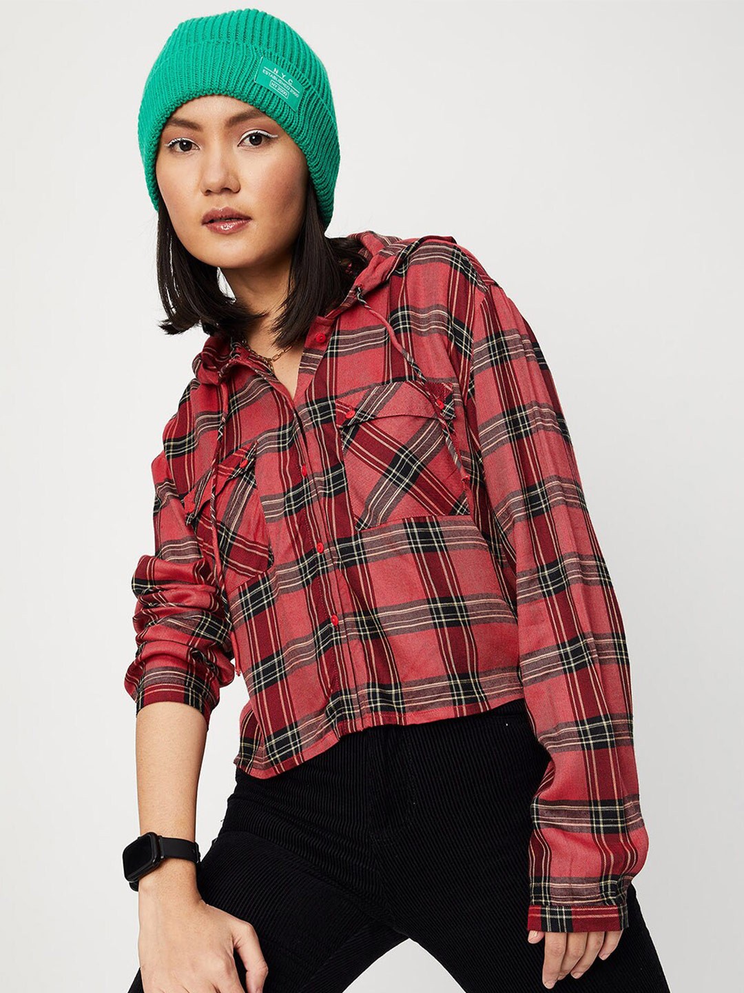 

max Women Tartan Checks Pure Cotton Casual Shirt, Red