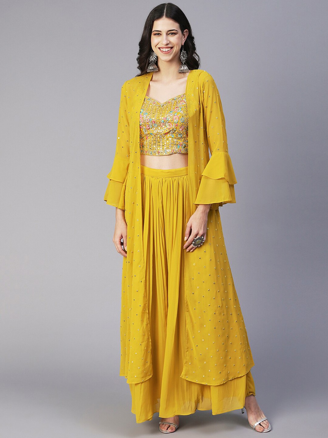 

Envy Me by FASHOR Yellow Ethnic Motifs Mirror Work Dupion Silk Top & Palazzos With Shrug