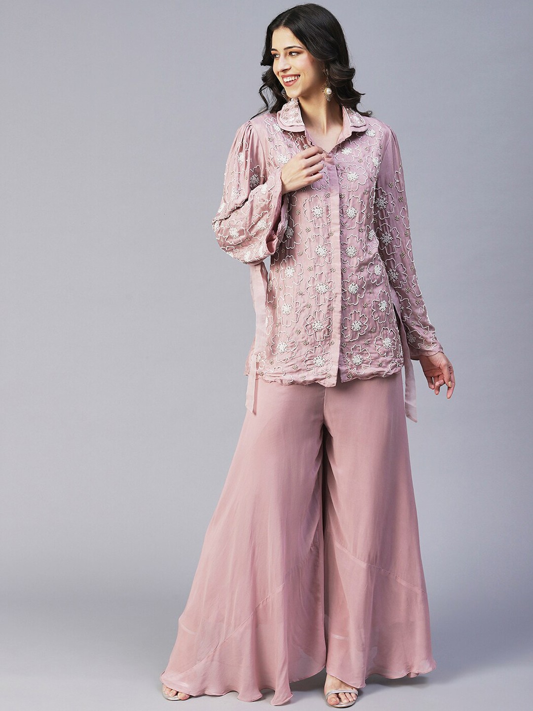

Envy Me by FASHOR Women Rose Gold-Colored EmbroideredShirt Top & Palazzo Co-Ords