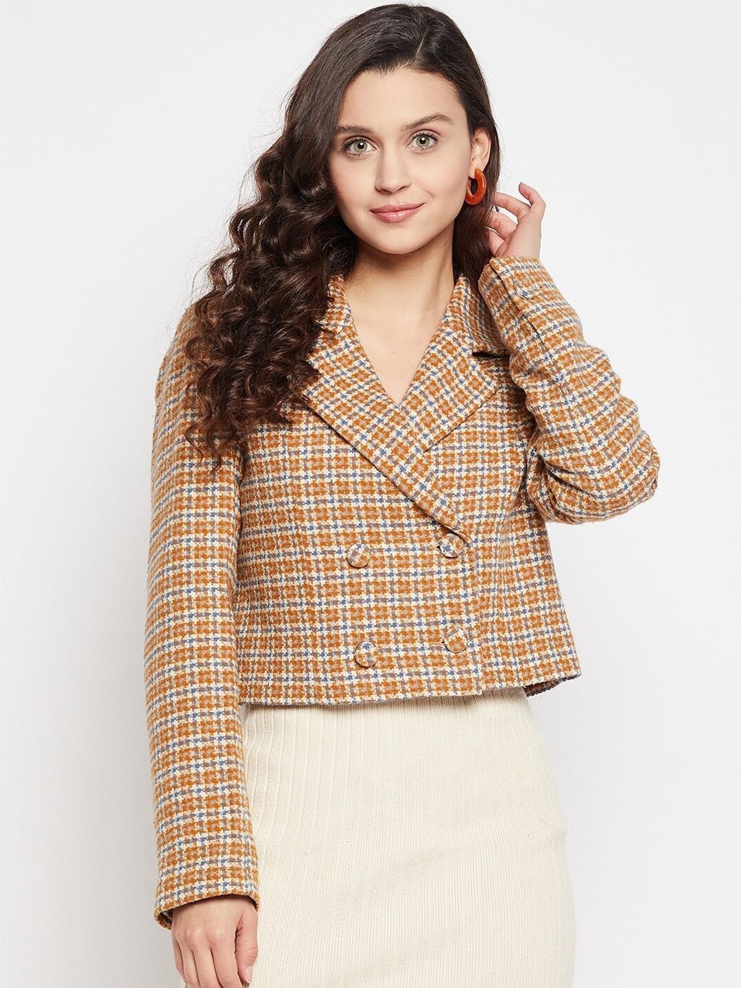 

Madame Women Mustard Checked Cottton Blazer