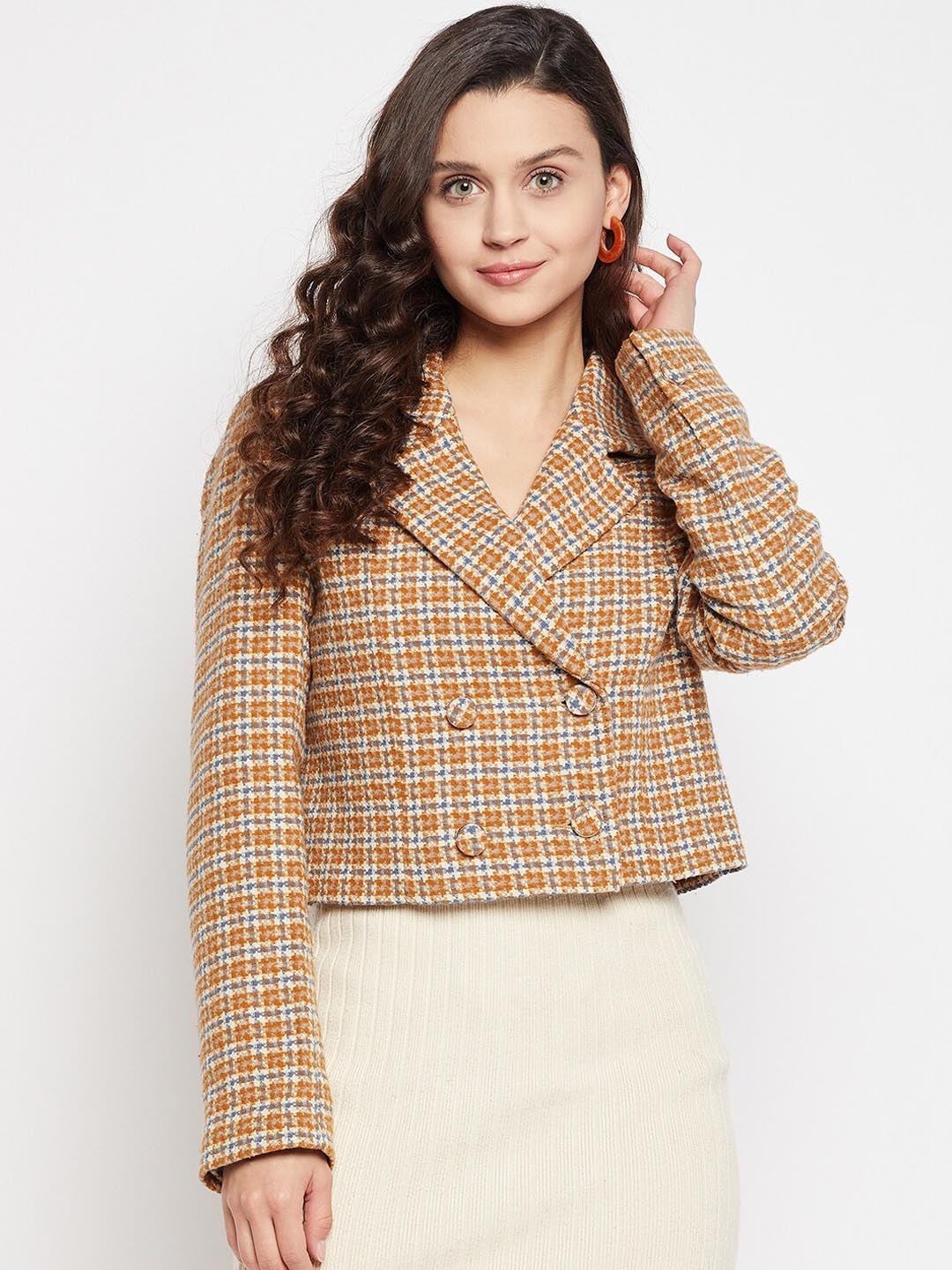 

Madame Women Mustard Double-Breasted Short Length Blazer