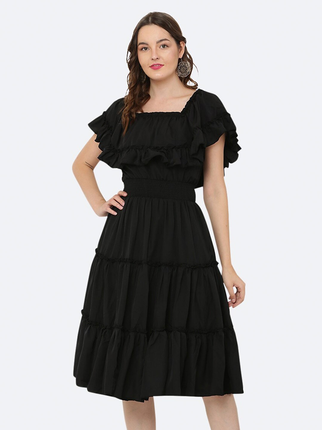 

R Cube Fit and Flare Flutter Sleeves Crepe Dress, Black