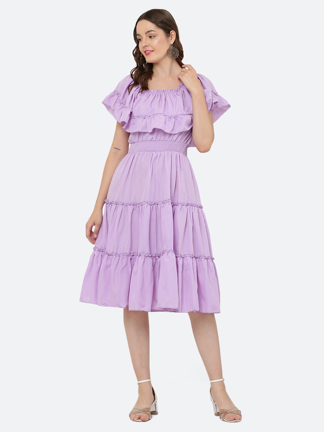 

R Cube Flutter Sleeves Crepe Dress, Lavender