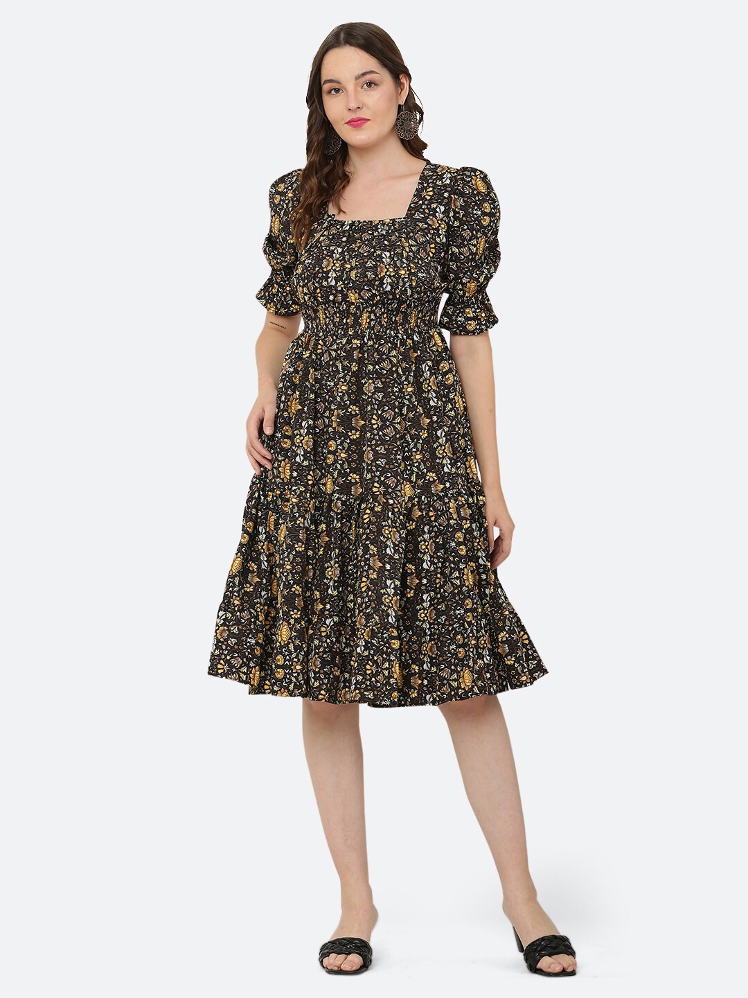 

R Cube Women Black & Yellow Floral Printed Square Neck Midi Dress