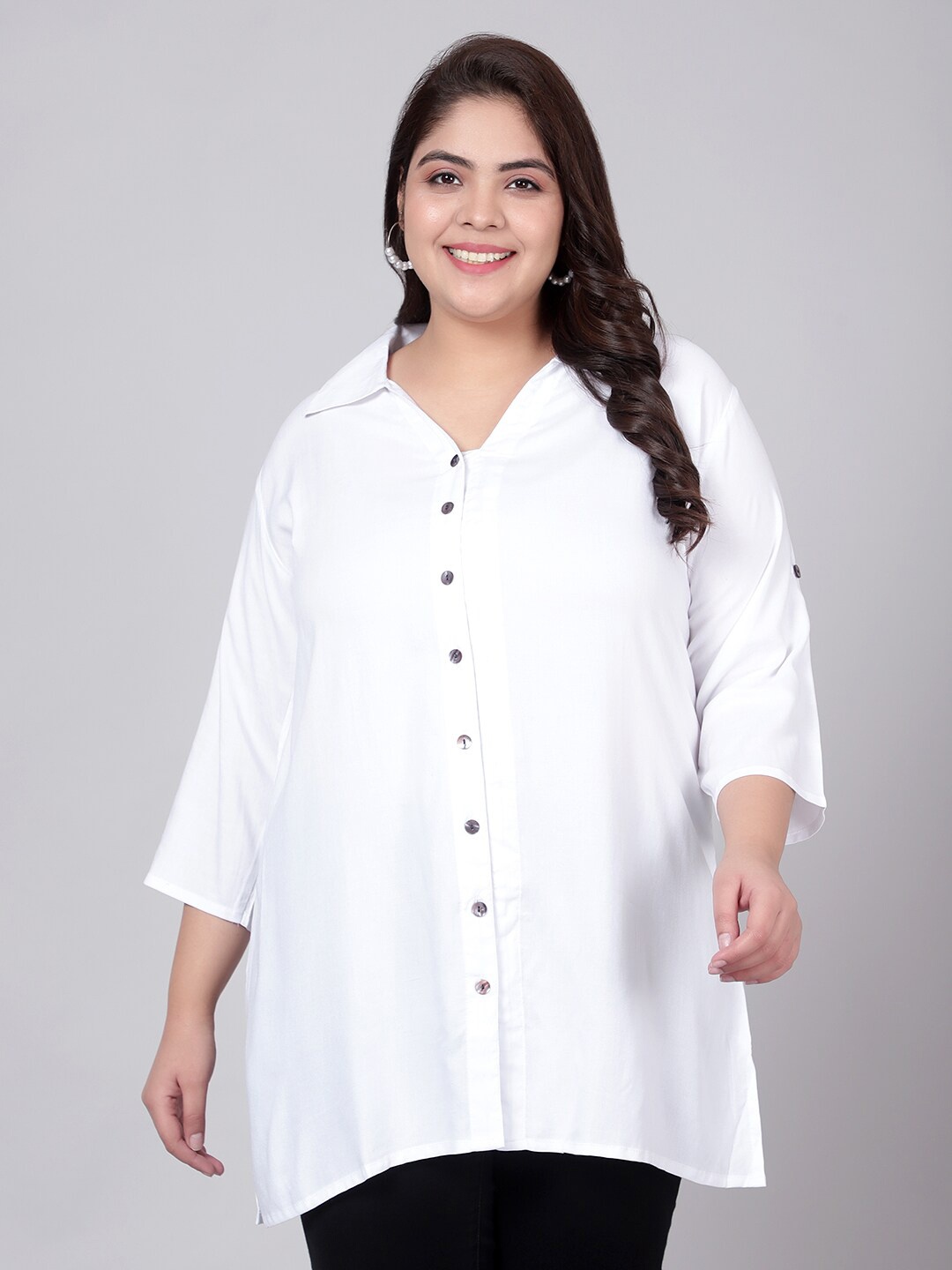 

Indietoga Women Plus Size White Regular Fit Solid Rayon Longline Casual Shirt