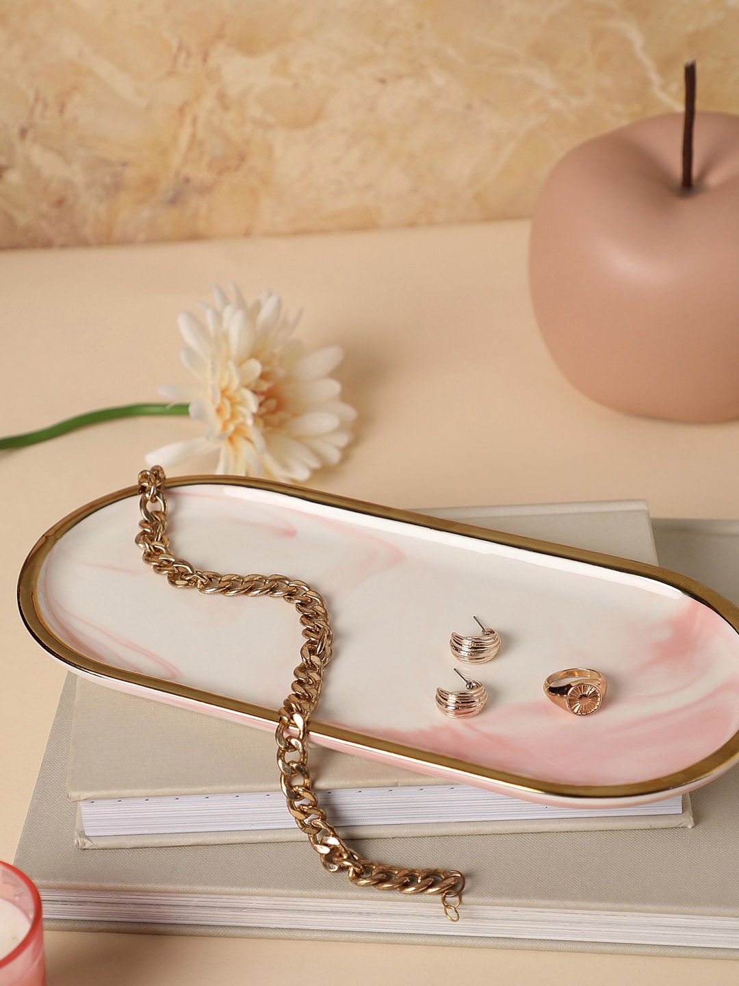 

Bonhomie White and Pink Marble Oval-Rectangle Shaped Ceramic Tray