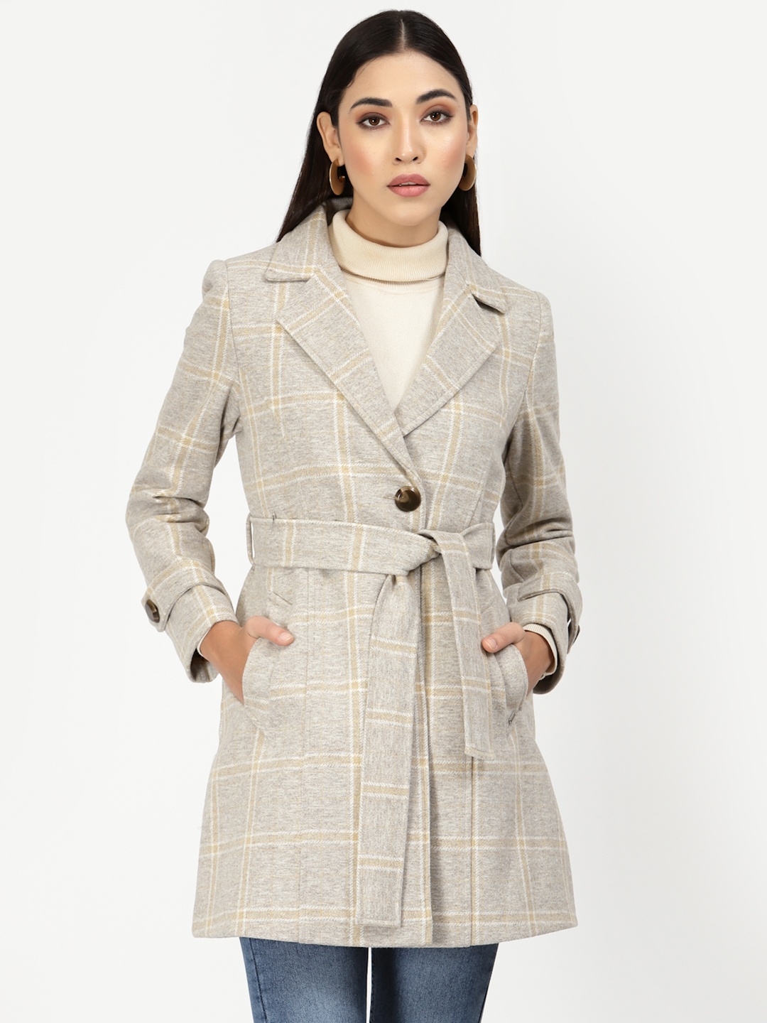 

Juelle Women Grey & Beige Checked Longline Overcoat