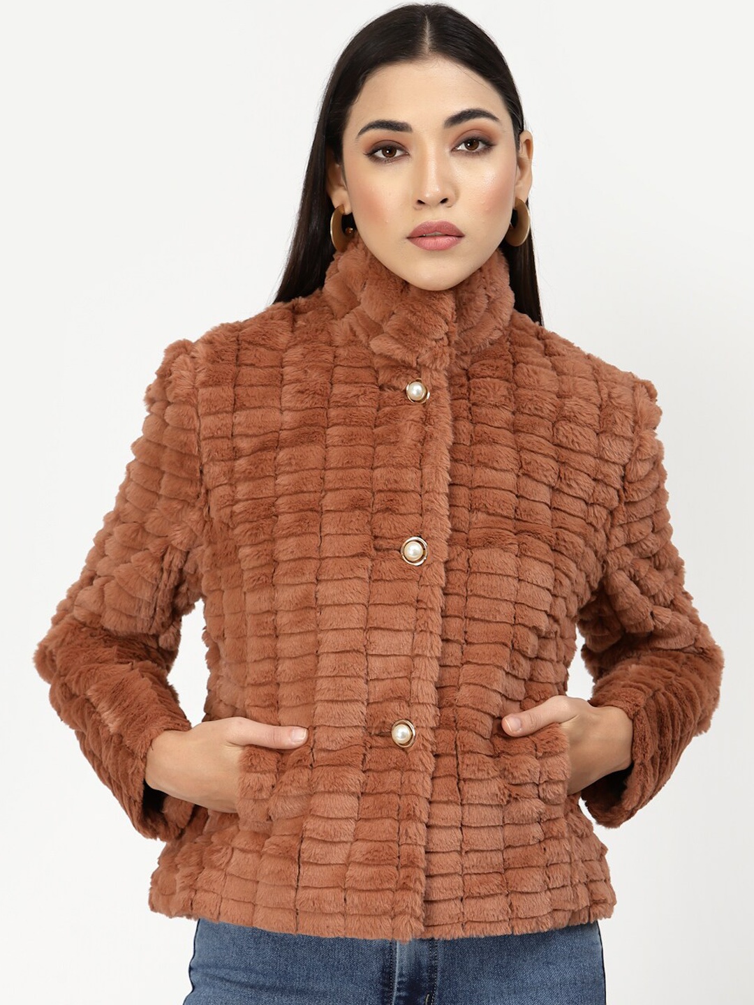 

Juelle Women Rust Orange Self Design Over Coat