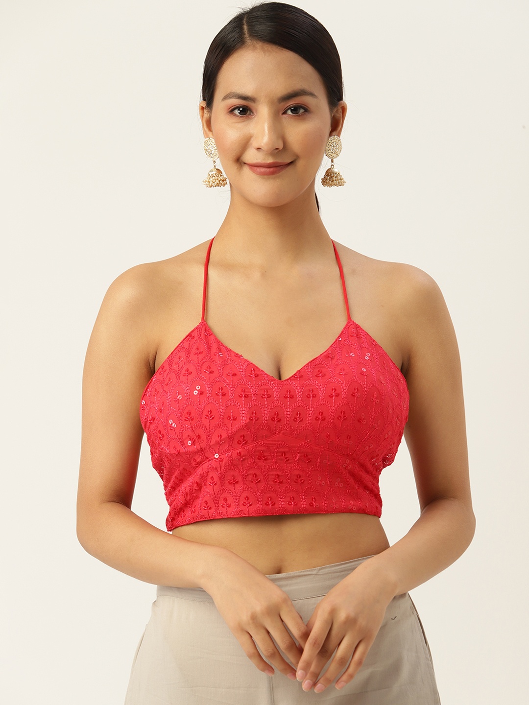 

Molcha Women Chikankari Embroidered Non Padded Backless Saree Blouse, Red