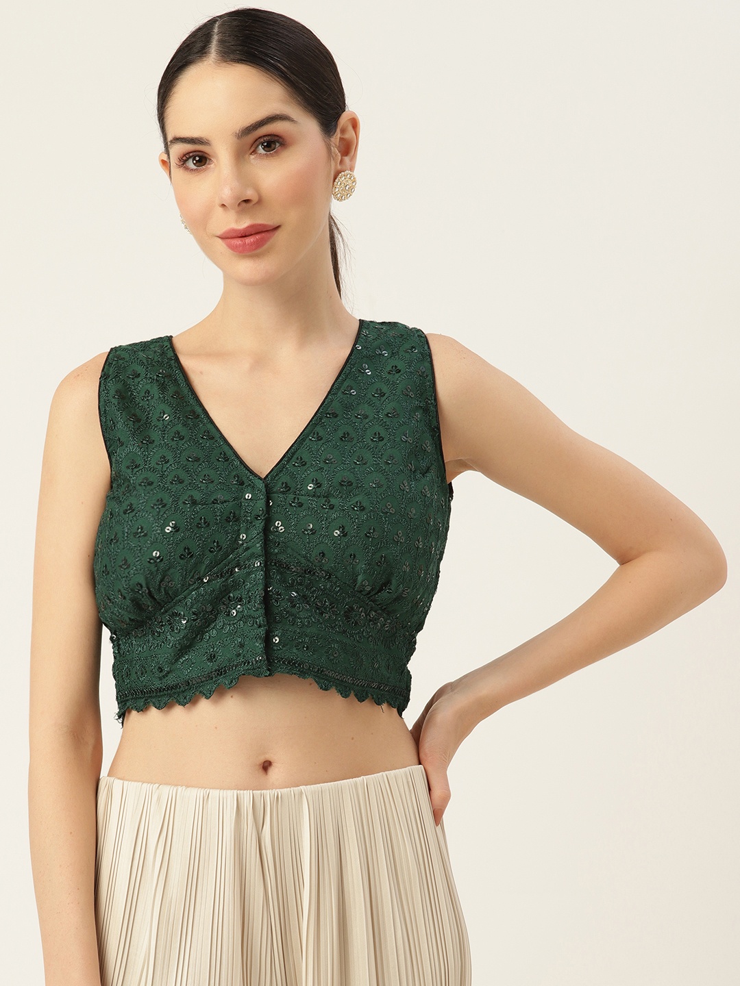 

Molcha Women Chikankari Embroidered Non Padded Saree Blouse, Green