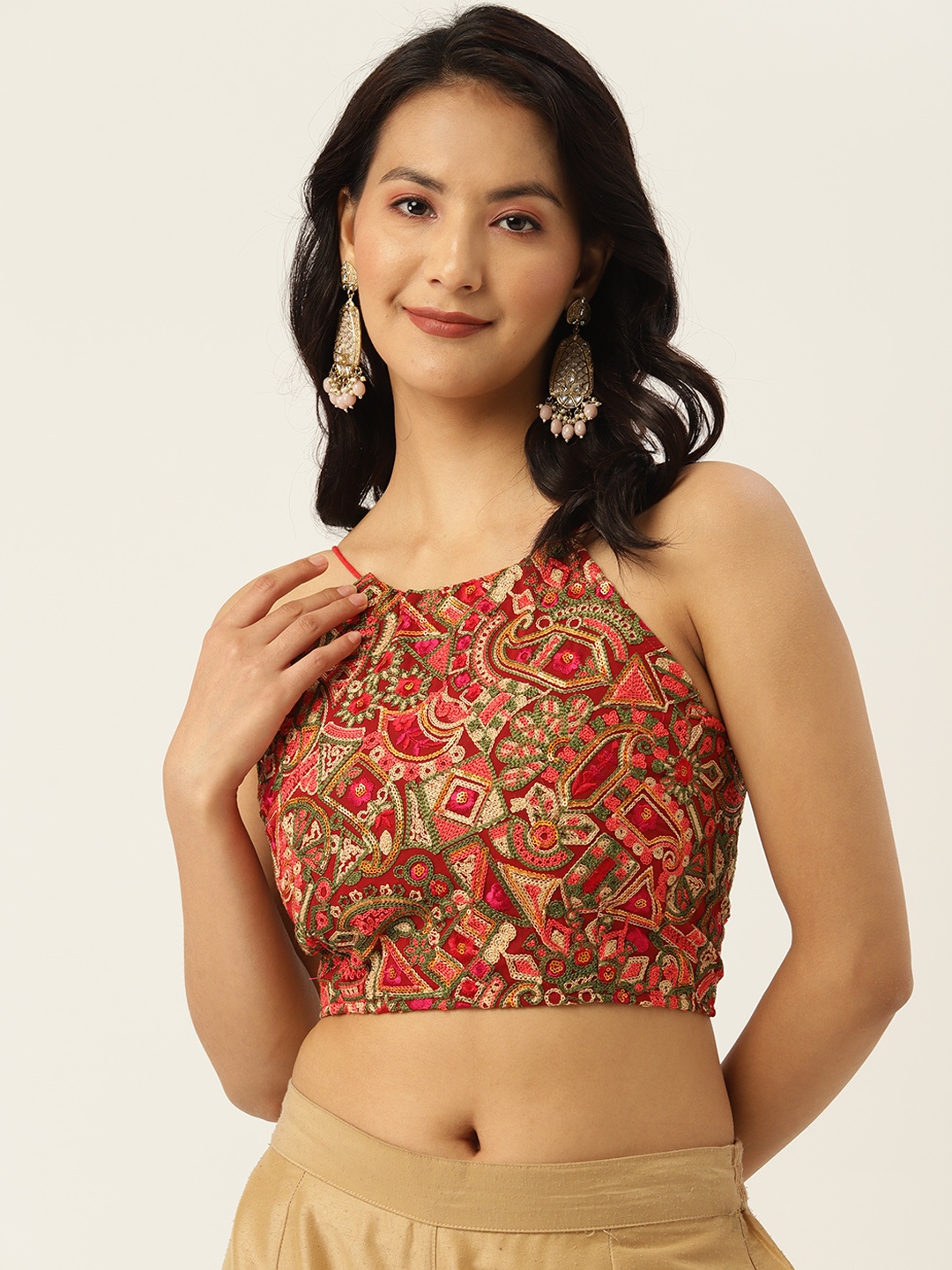 

Molcha Women Ethnic Motifs Embroidered Non Padded Saree Blouse, Red