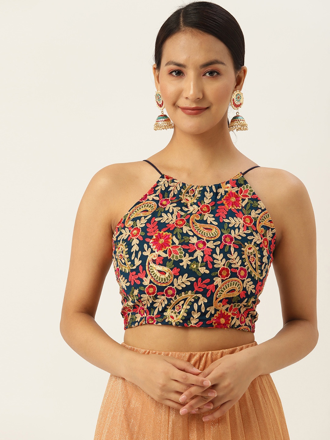 

Molcha Women Ethnic Motifs Embroidered Non Padded Saree Blouse, Navy blue