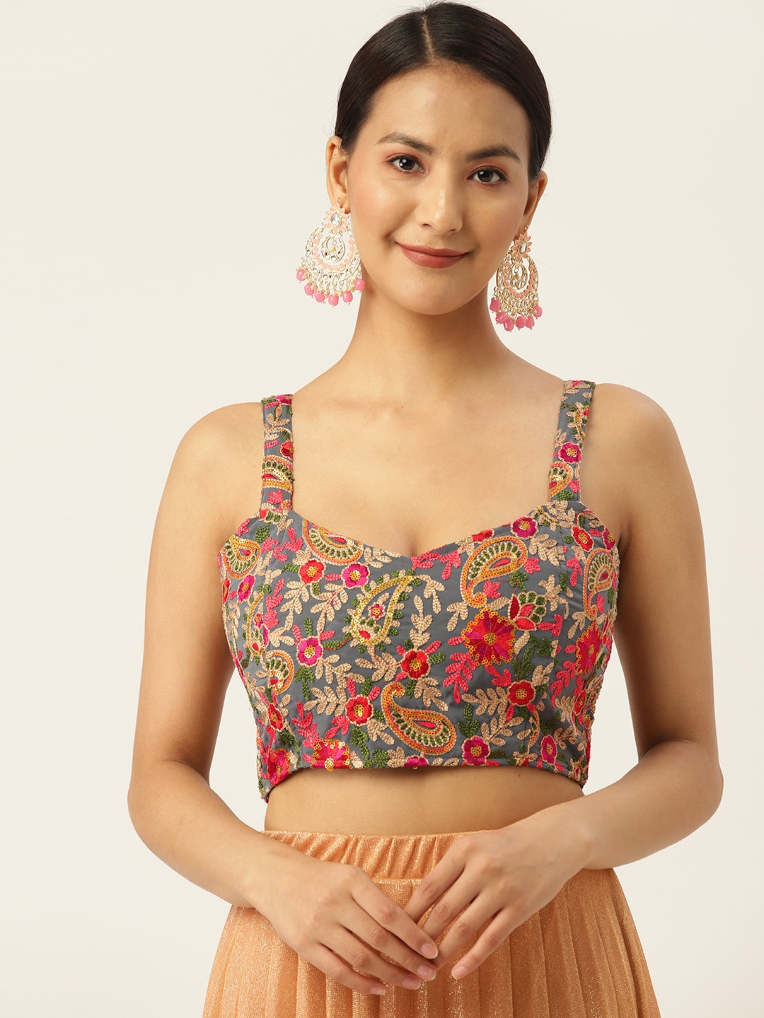 

Molcha Women Floral Embroidered Non Padded Saree Blouse, Grey