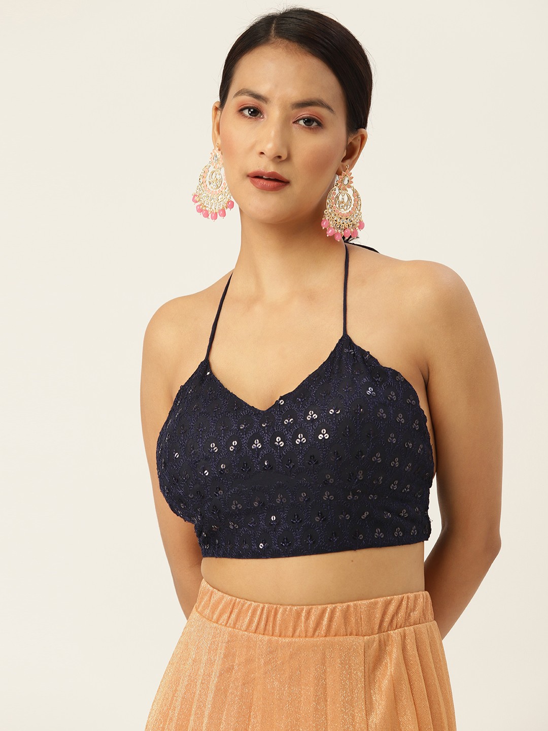 

Molcha Kashmiri Embroidered Saree Blouse, Navy blue