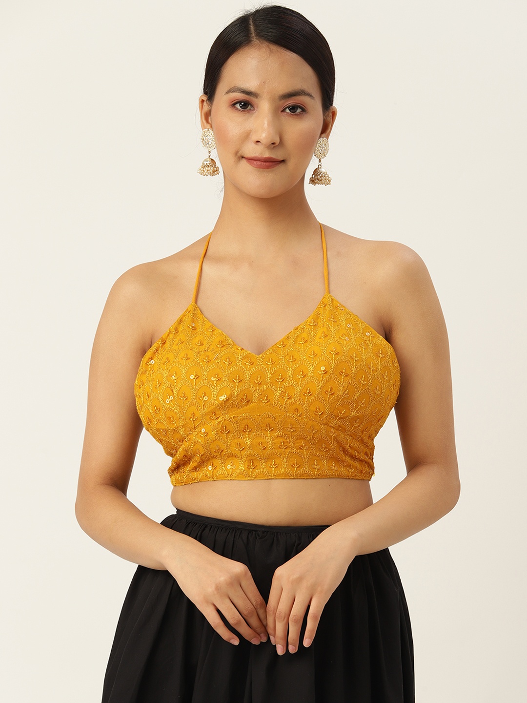 

Molcha Kashmiri Embroidered Padded Saree Blouse, Mustard
