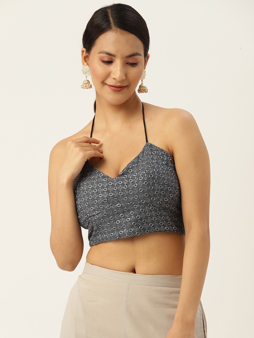 

Molcha Chikankari Embroidered Padded Saree Blouse, Grey