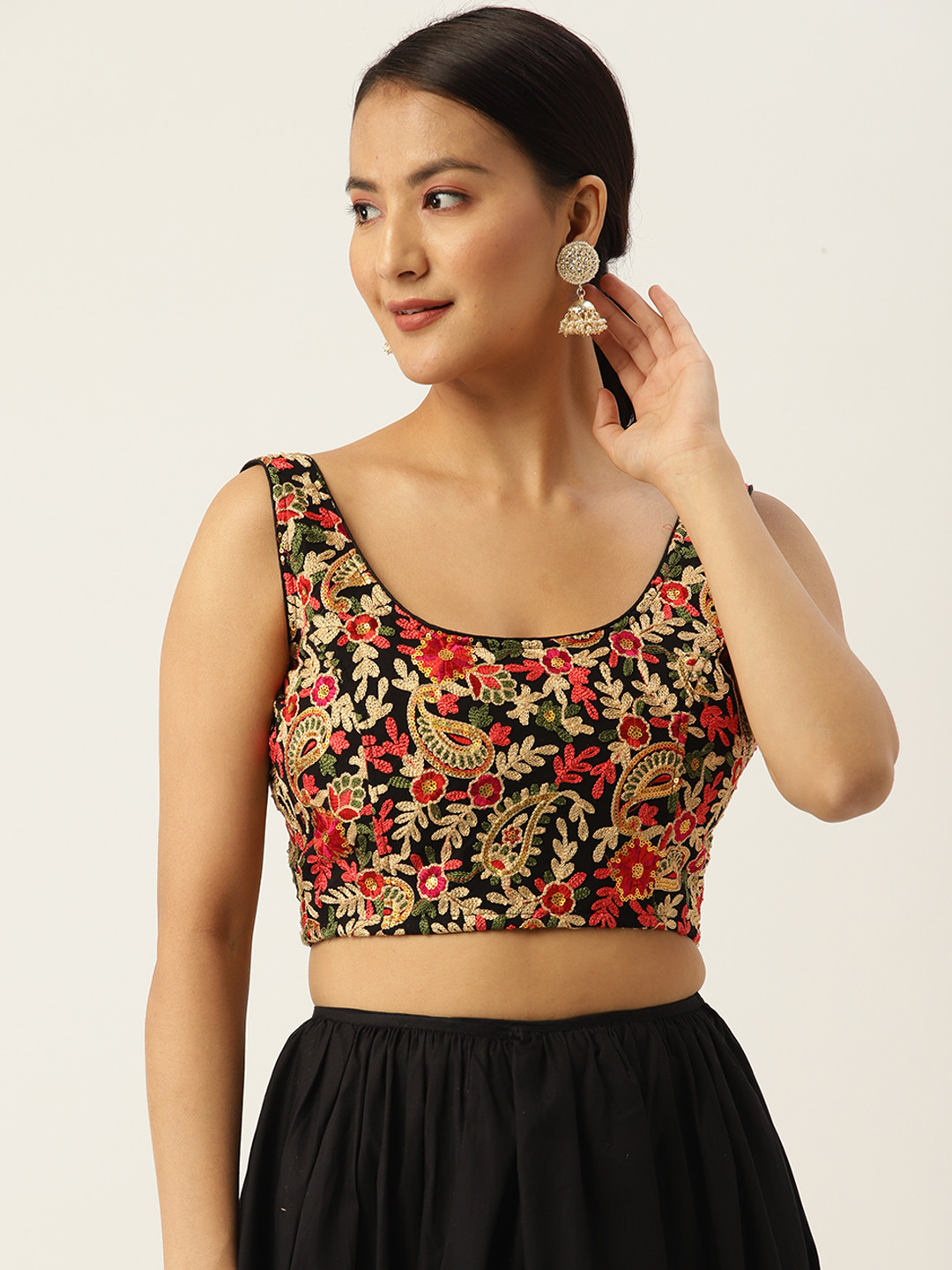 

Mocha Women Kashmiri Embroidered Non Padded Saree Blouse, Black