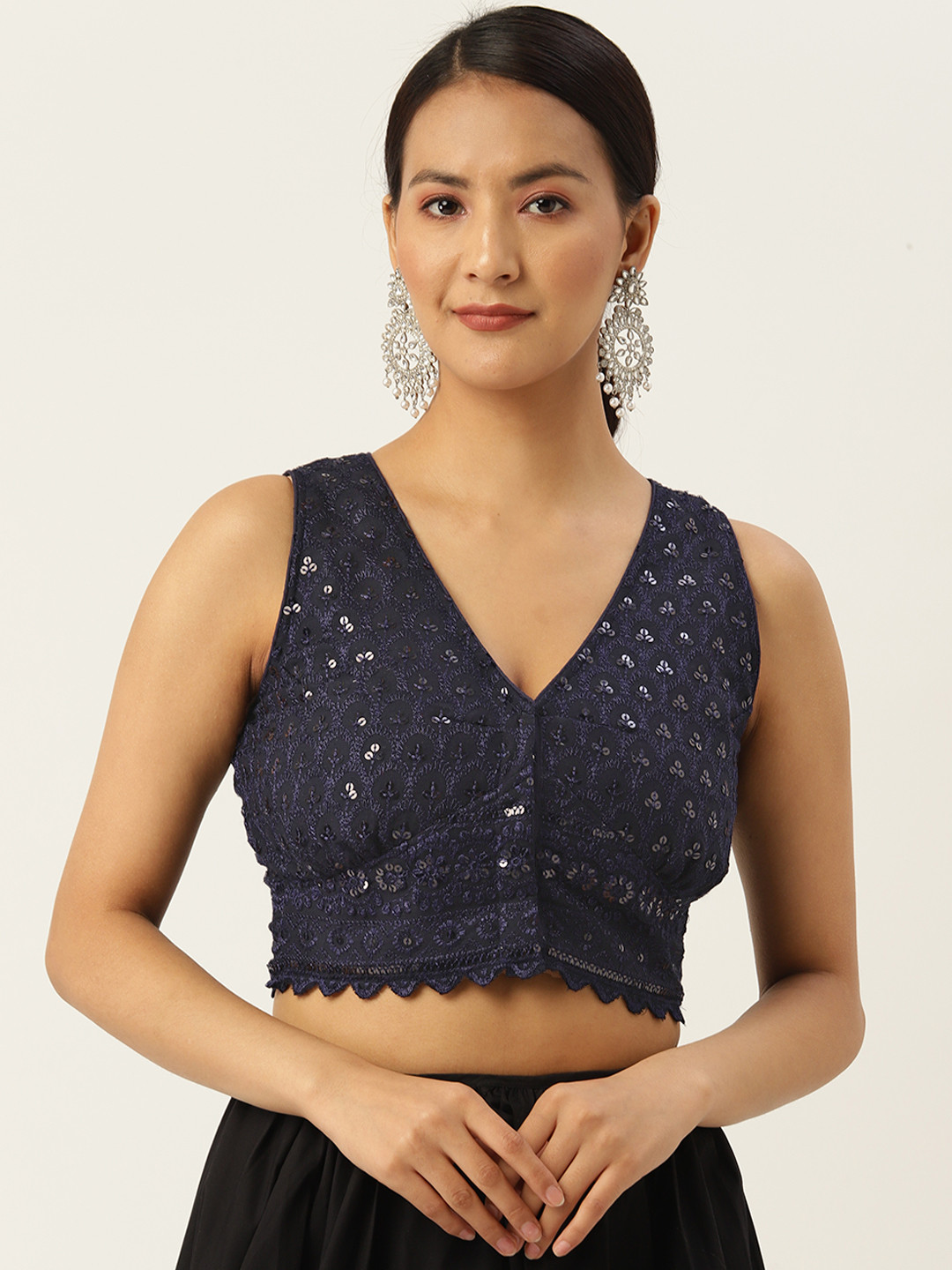 

Molcha Chikankari Sequinned Sleeveless Blouse, Navy blue