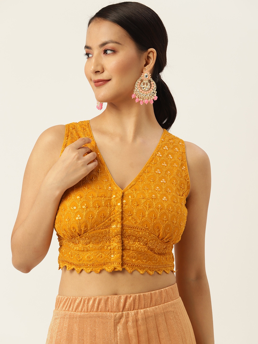 

Molcha Chikankari Sequinned Sleeveless Blouse, Mustard