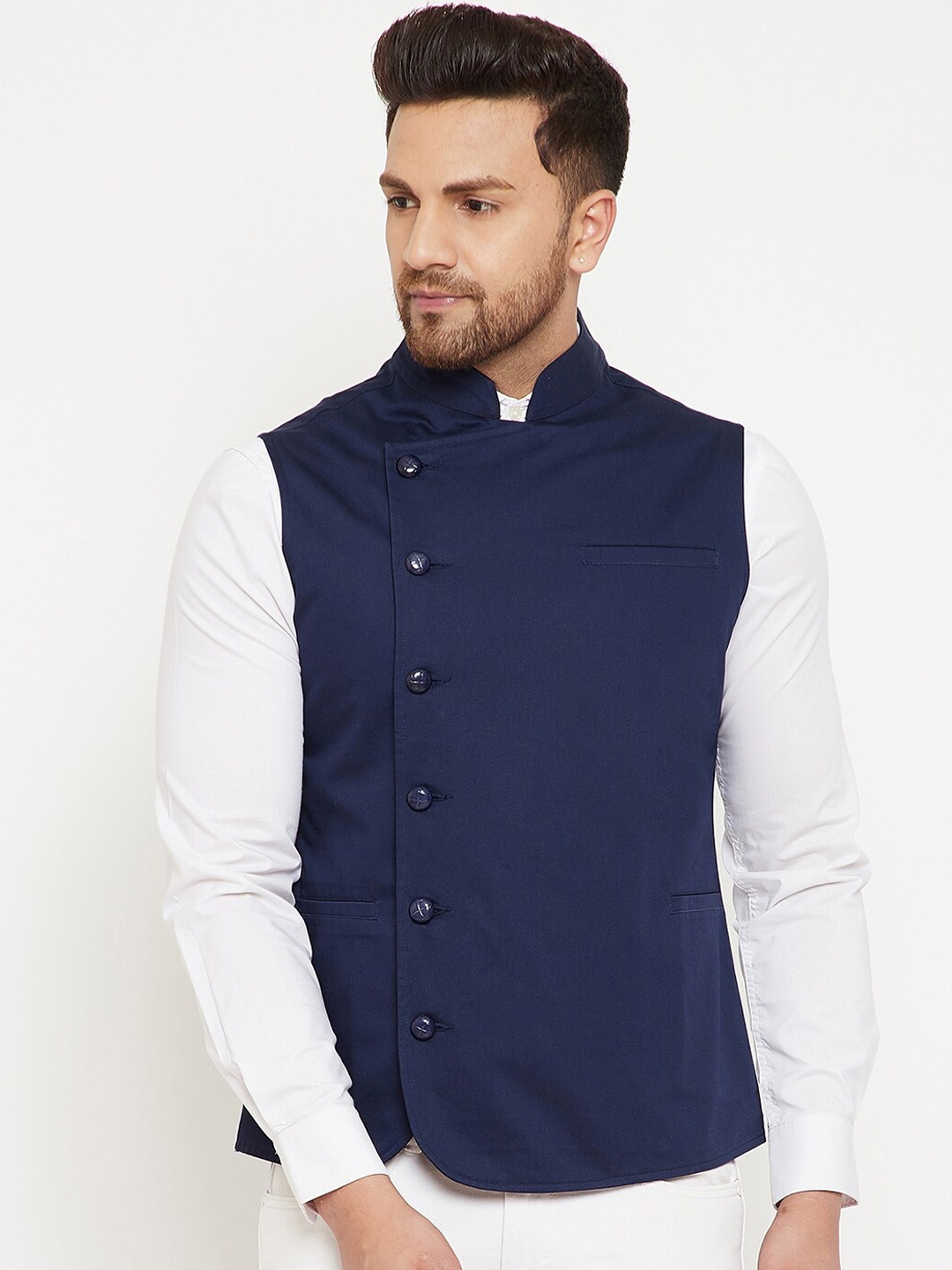 

Hypernation Men Navy Blue Pure Cotton Nehru Jacket