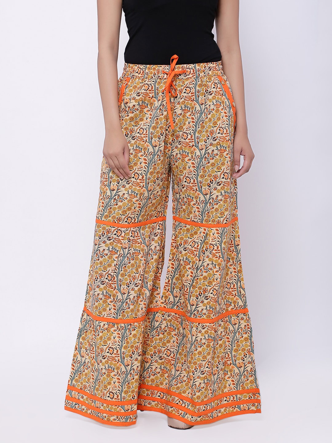 

SOUNDARYA Women Beige & Blue Floral Printed Knitted Palazzos