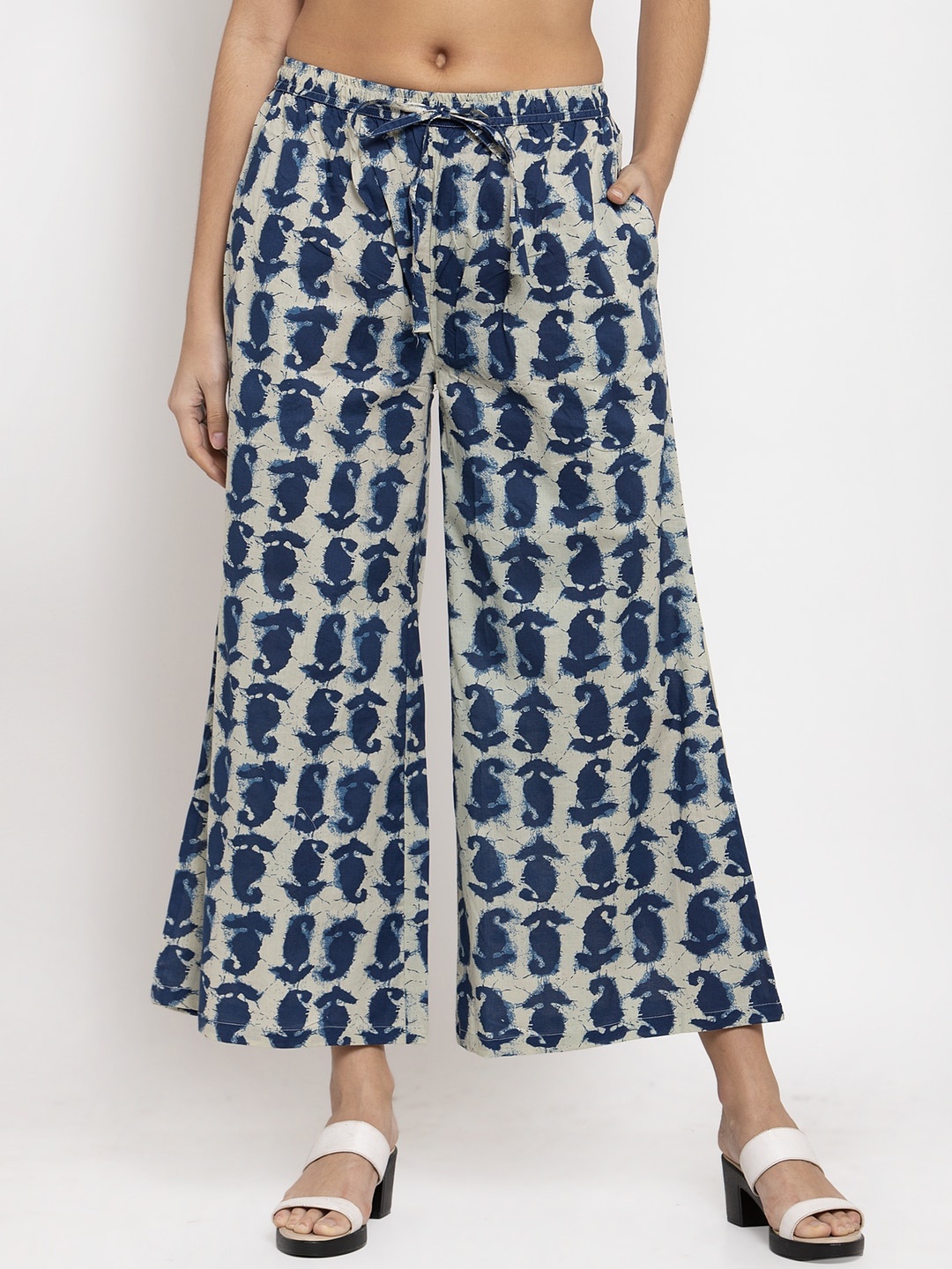 

SOUNDARYA Women White & Blue Ethnic Motifs Printed Knitted Ethnic Palazzos