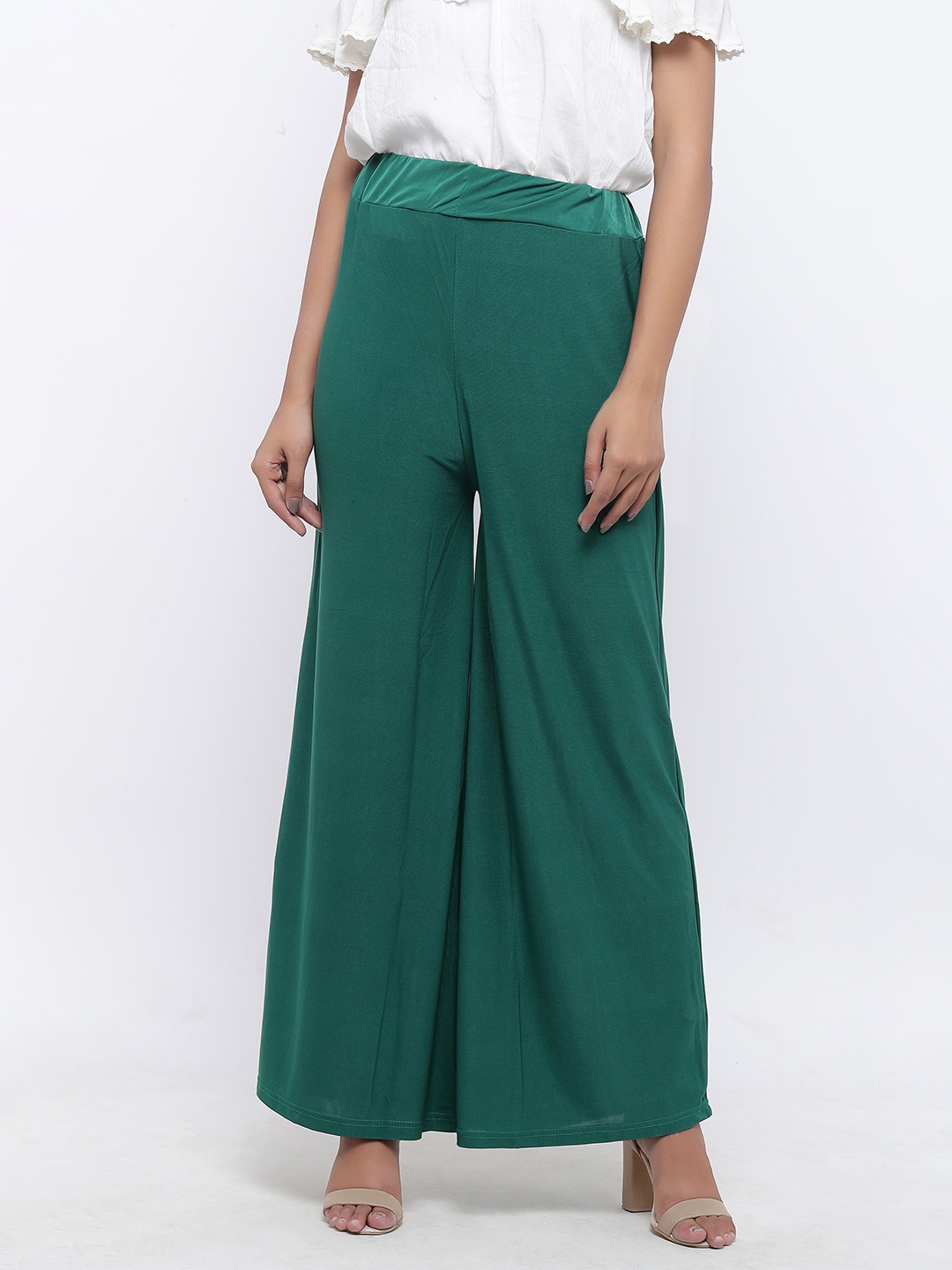 

SOUNDARYA Women Green Solid Knitted Chiffon Palazzos