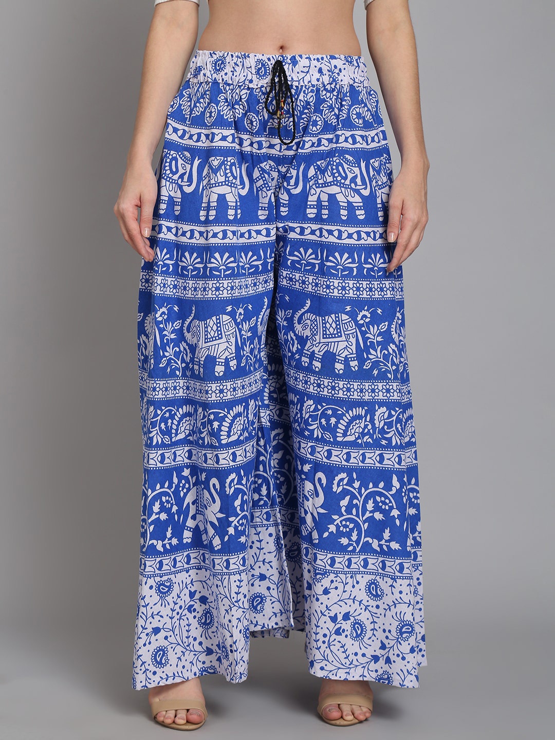 

SOUNDARYA Women Blue & White Ethnic Motifs Printed Knitted Palazzos