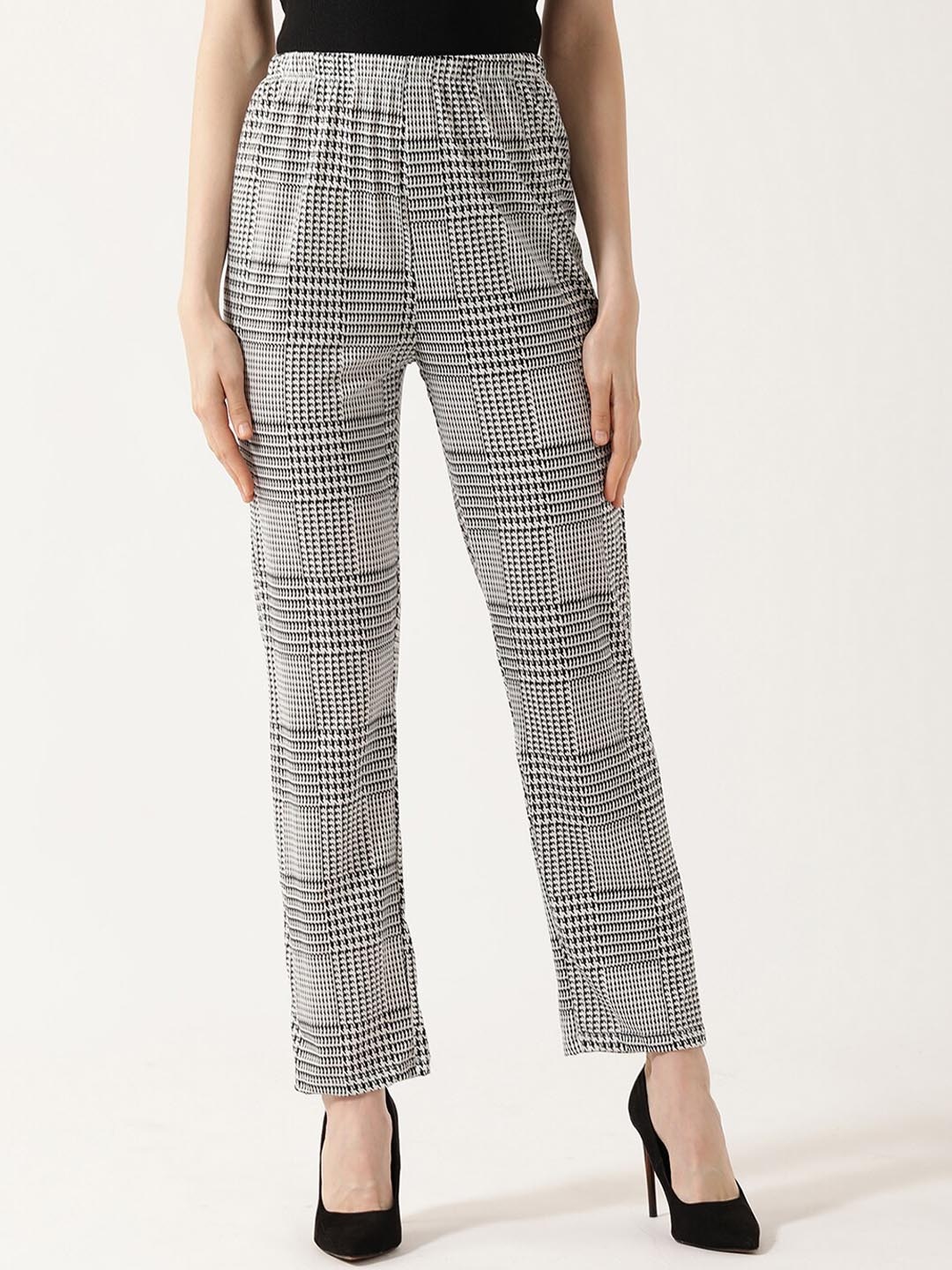 

V2 Value & Variety Women White Checked Slim Fit Trousers