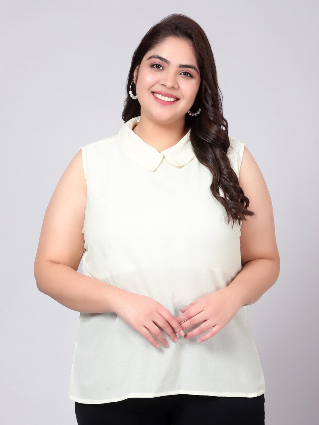 

Indietoga Women Plus Size Off-White Georgette Casual Shirt Style Top
