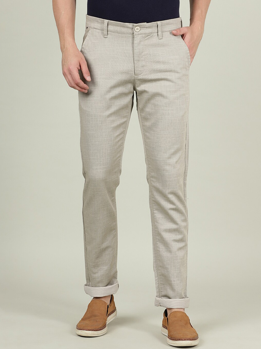 

Crocodile Men Cream-Coloured Smart Slim Fit Cotton Chinos Trousers