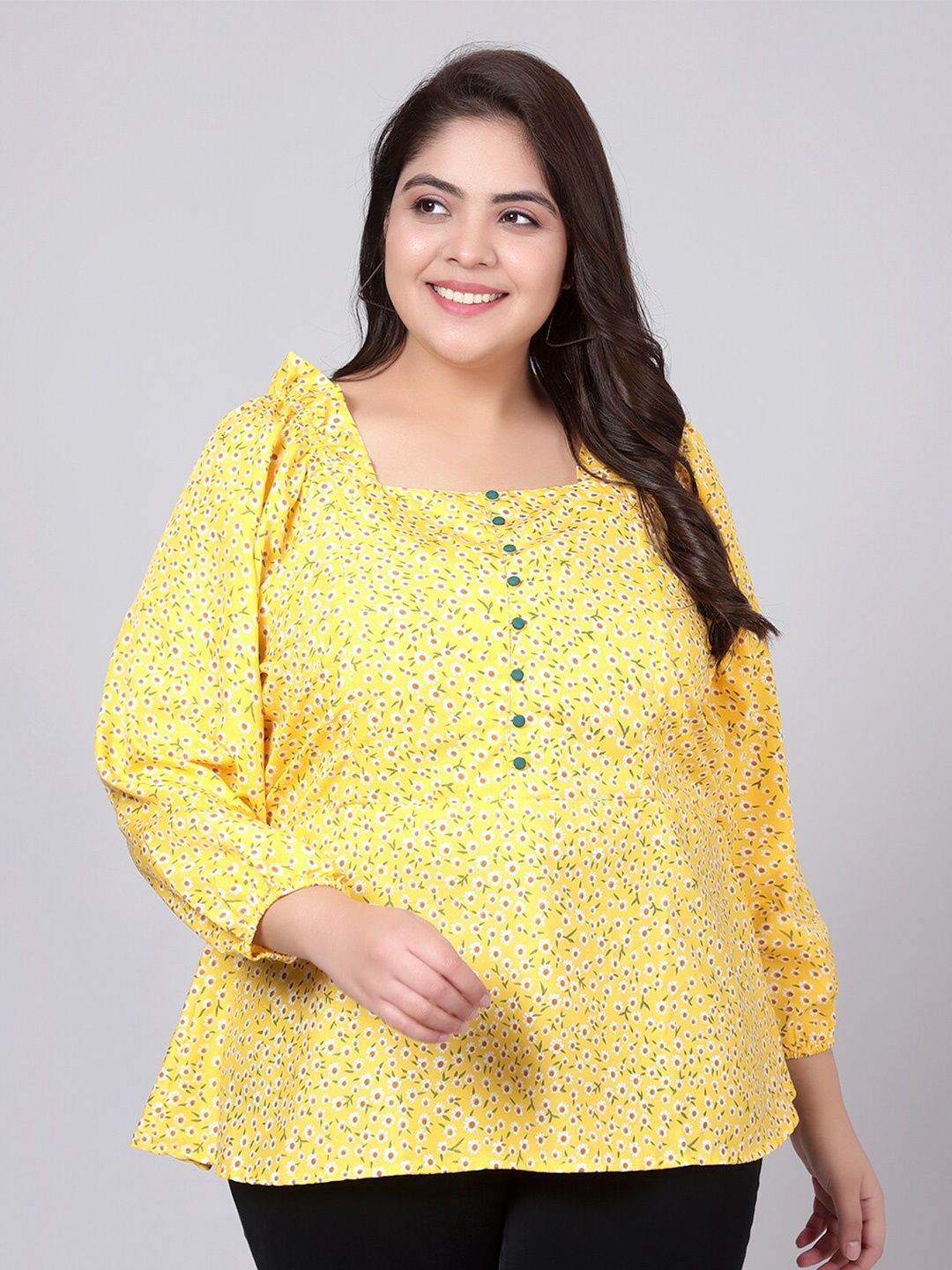 

Indietoga Women Plus Size Yellow Floral Printed Top