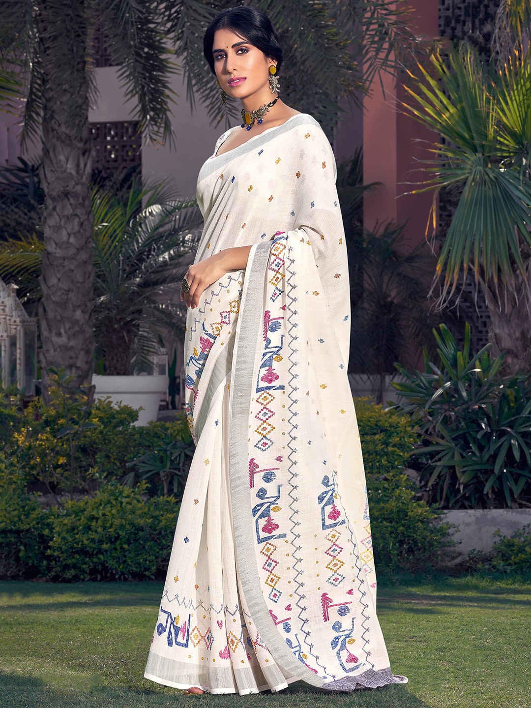 

Saree mall Off White & Blue Zari Pure Linen Kasavu Saree