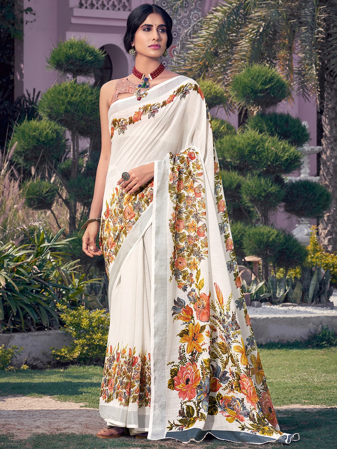 

Saree mall Off White & Orange Floral Zari Pure Linen Kasavu Saree